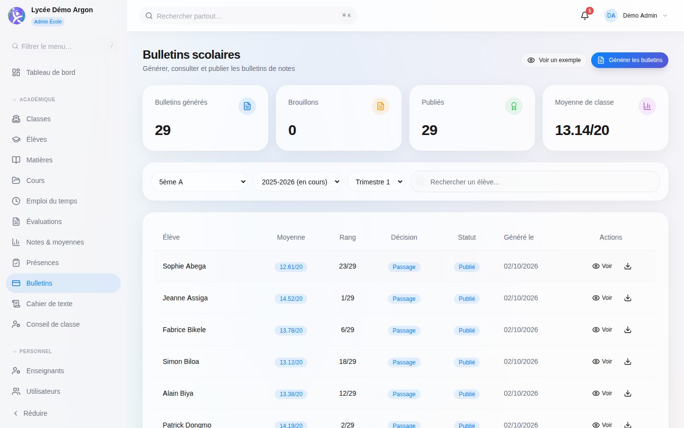Report Cards screen