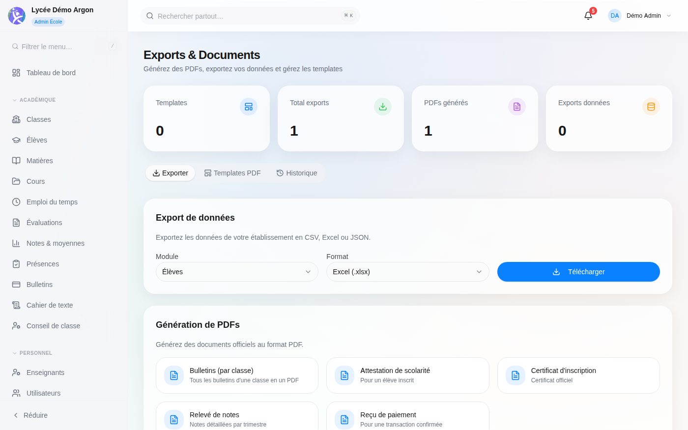 Exports & Documents screen