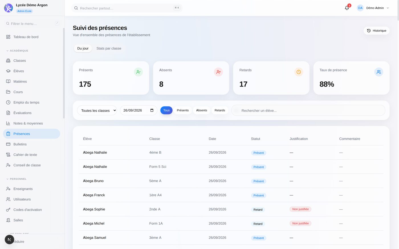 Attendance Tracking screen