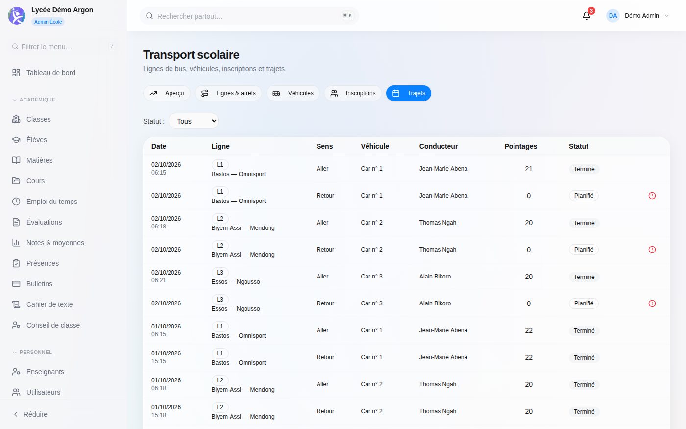 School Transport screen
